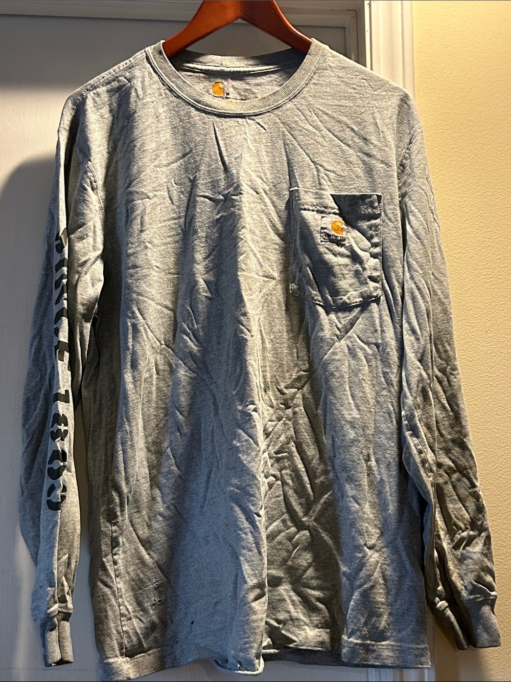 Carhartt Light Gray Long-Sleeve Pocket Tee with Black Sleeve Print